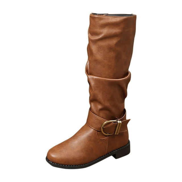 Bottes d'Hiver pour Femmes, Mode Décontractée Hiver Couleur Unie Talon à Boucle Bout Rond Talon Bas Hauteur Genou, Bottes pour Femmes