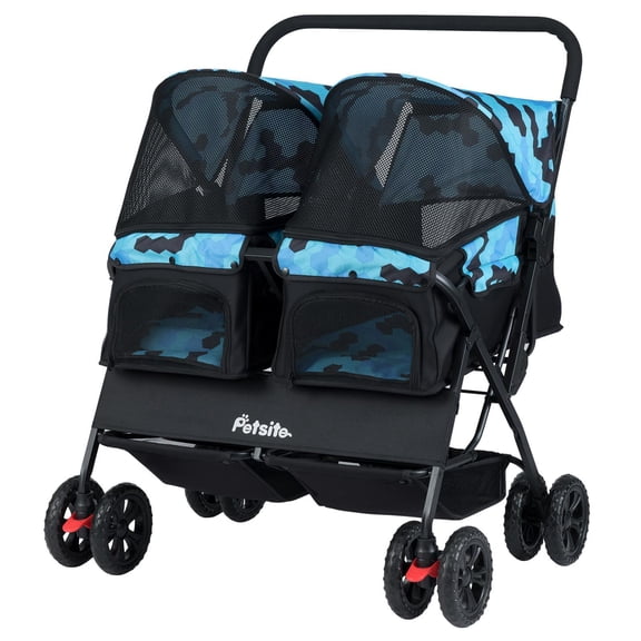 Barara King Foldable Double Pet Stroller with Adjustable Sunshade and Storage Basket, Dog Cat Stroller for Pets, Cat, Dog, Navy