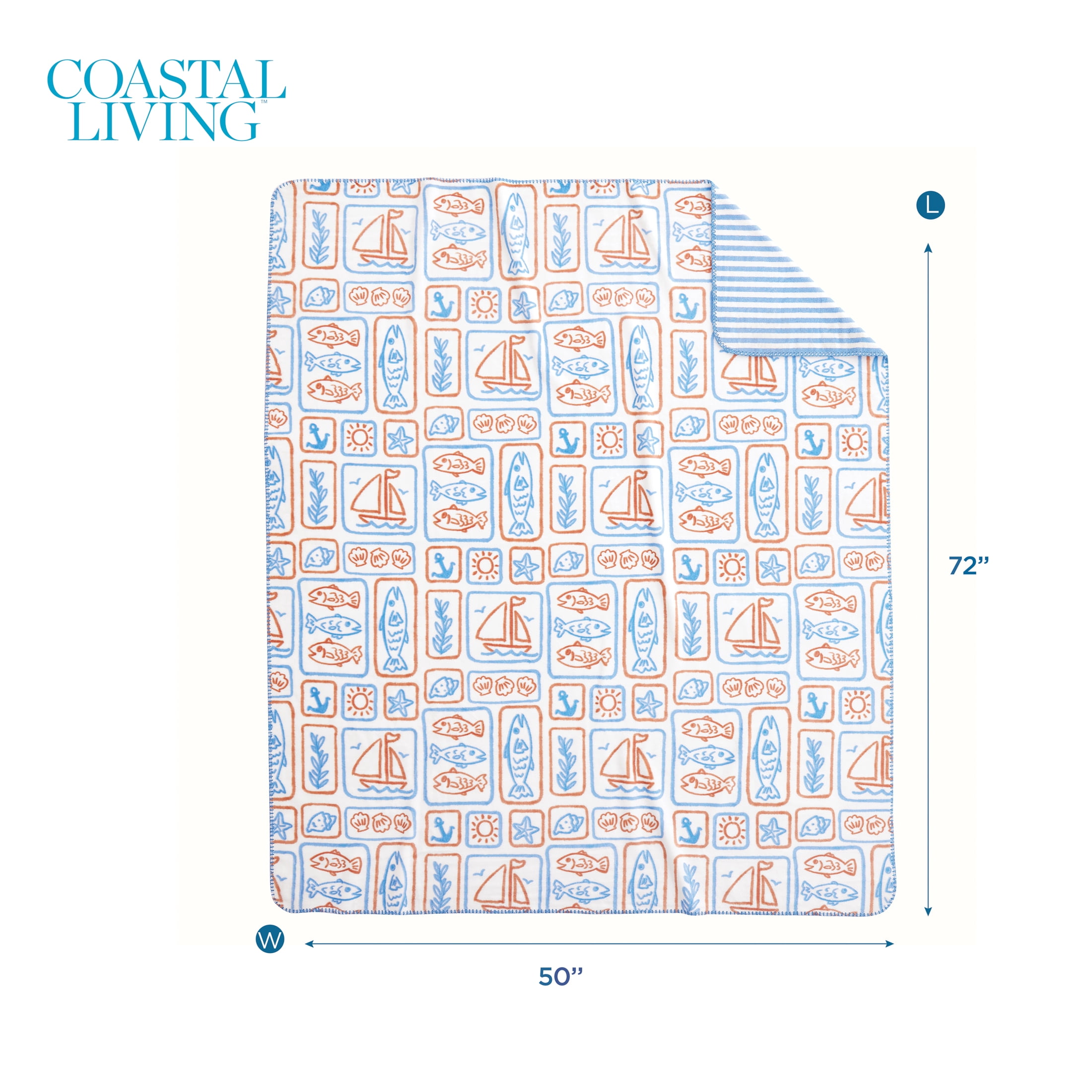 Coastal Living Throw Blanket, Reversible Plush Fleece Blanket for Couch, Blue & Orange Print, 50" x 72"