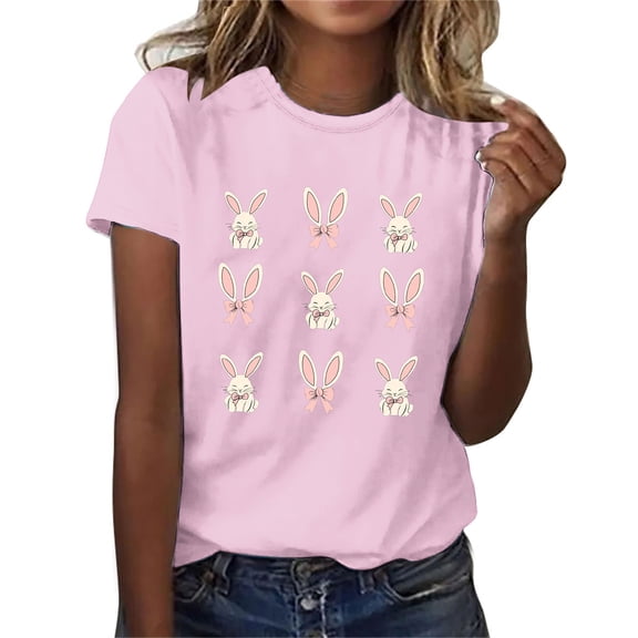Njagoc3 2025 Spring Easter Limited Bunny Print T-Shirt Women Cotton Loose Slim Fit Versatile Top