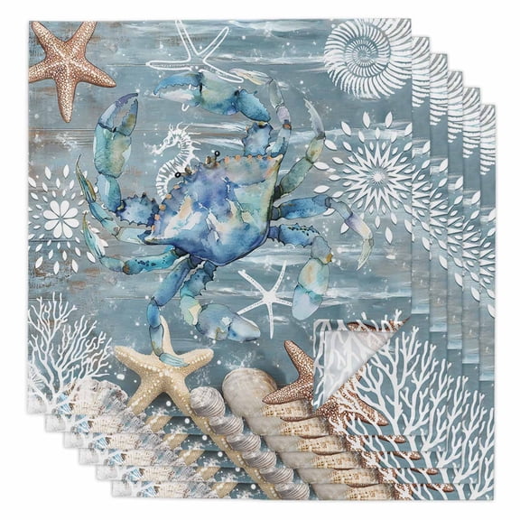 Boanket Teal Coastal Crab Cloth Napkins Set of 6, Holiday Napkins for Baby Shower, Nautical Starfish Coral Summer Washable Reusable Dinner Napkins for Cocktail Wedding Party, 20 x 20 Inch
