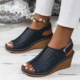 thumbnail image 5 of Xfvqtps Wedge Sandals for Women Slingback Hook and Loop Strap Peep Toe Hollow out Soft Sole Non Slip Breathable Summer Leather Sandals Dark Blue, 5 of 8