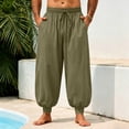 thumbnail image 2 of WULMLEO Mens Harem Pants Casual Elastic Waist Drawstring Baggy Hippie Trousers Cotton Linen Boho Yoga Beach Pants Army Green M, 2 of 7