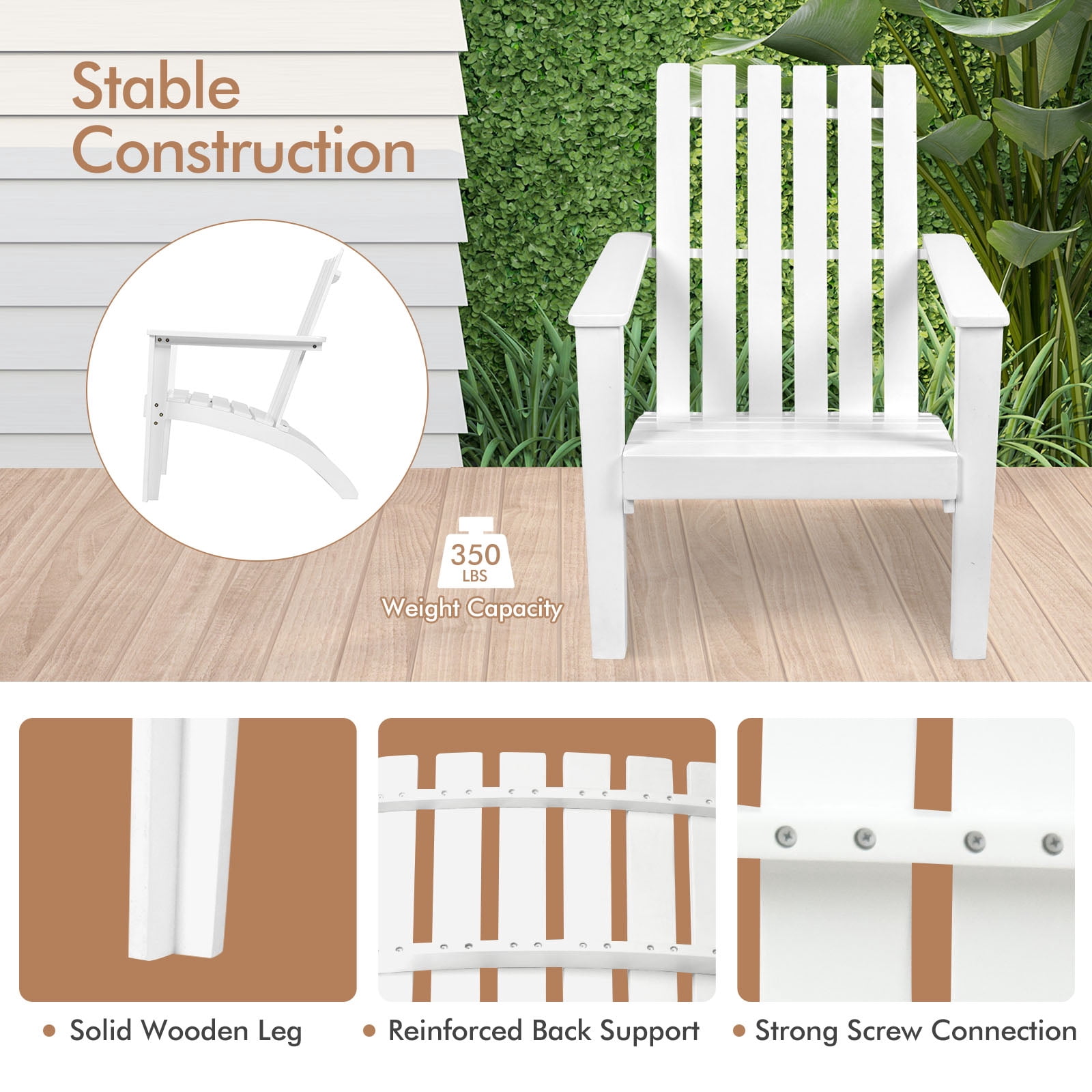 Patiojoy 2PCS Wooden Adirondack Chair W/Ergonomic Design Outdoor Lounge Armchair Acacia Wood chair for Yard&Patio White