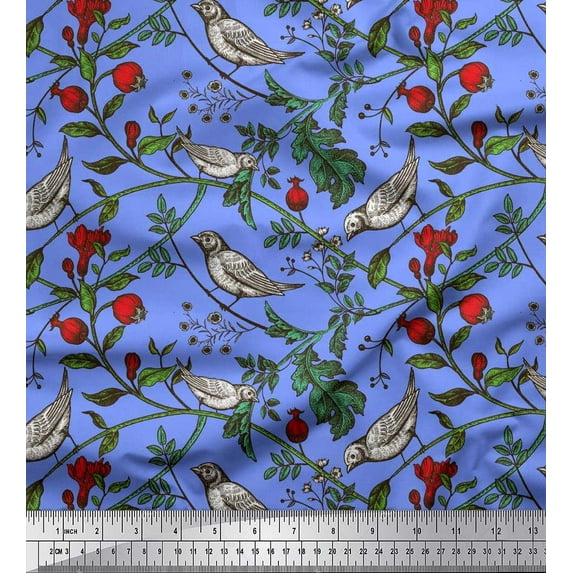 Soimoi Poly Georgette Fabric Bird & Leaf Bird Decor Fabric Printed Yard 52 Inch Wide
