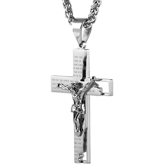 2-Piece Men's Stainless Steel Cross Necklace & Prayer Bracelet Set - Silver & Black