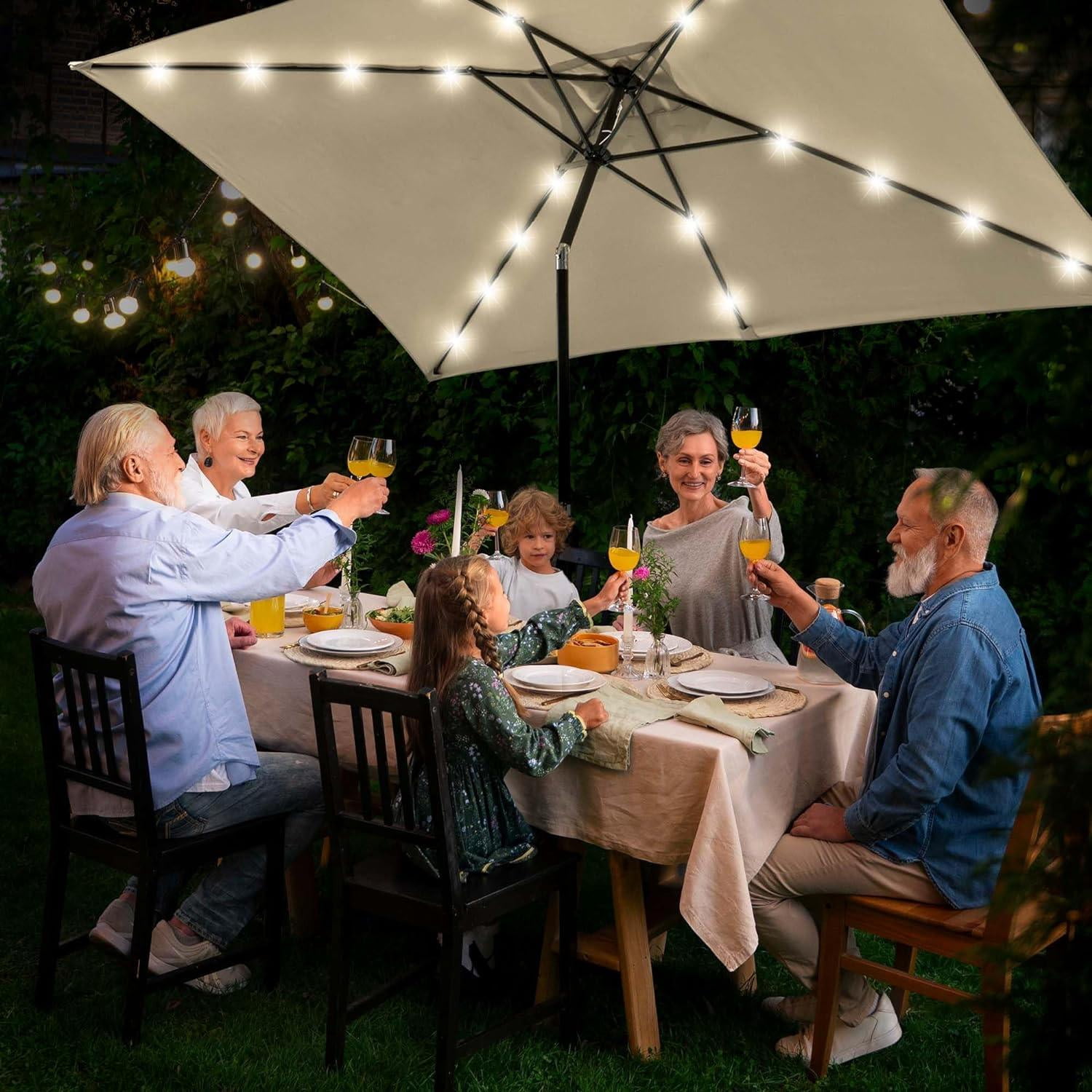 10x6.5 ft Outdoor Rectangle Solar Powered LED Patio Umbrella with Crank Tilt for Garden Backyard Table Market Pool, Beige