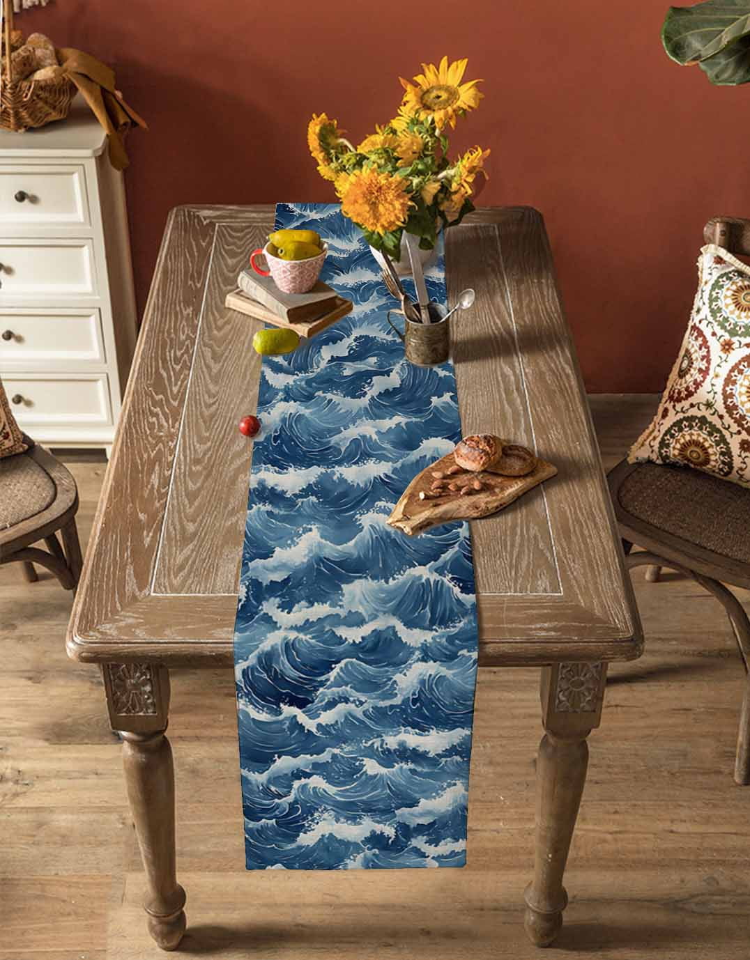 nqOlkjepod Ocean Waves Table Runner 70 Inches Long Farmhouse Dress Scarves, Summer Beach Coastal Nautical Burlap Dining Tablerunner for Coffee Table/Kitchen Island/Party Décor, 13" x 70"