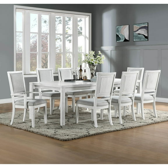 Dover 9P 60-78-96" Rectangle Expanding Dining Table Set Padded Chairs White Wood