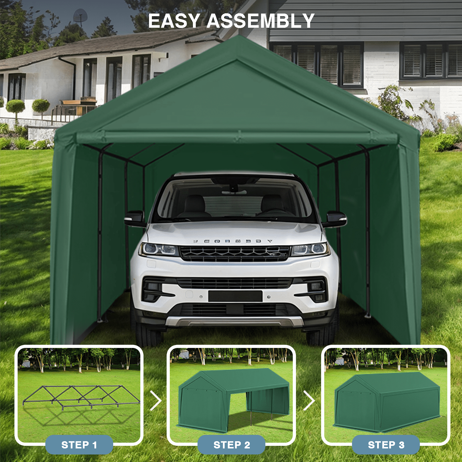 Gaildon W10xL20Ft Heavy Duty Steel Carport Portable Garage with Removable Sidewalls, Waterproof&Anti-Sunburn&Adjustable Height, Green