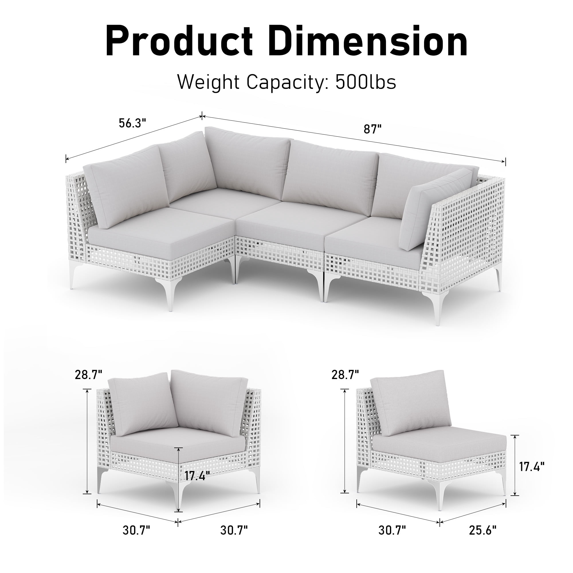 RADIATA 4 Pcs Patio Boho Furniture Sofa Sets with Light Gray Cushions , All-Weather White PE Wicker Outdoor Conversation Sets for Backyard, Deck, Patio Sofa Sectional