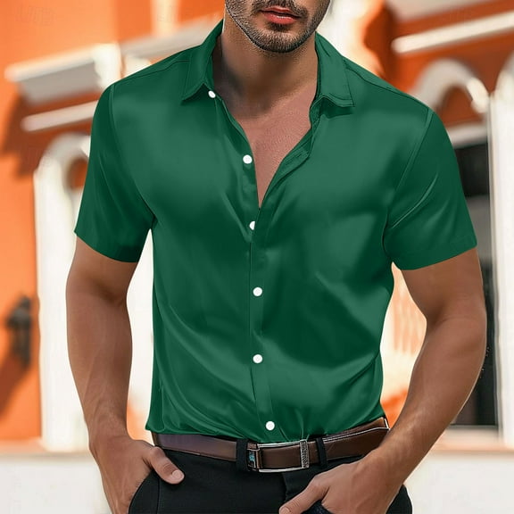 S-5X Plus Size Silk Satin Shirts for Men Big & Tall Short Sleeve T-Shirts Mens Trendy Solid Color Button-Down Collared Nightclub Party Tees Tops