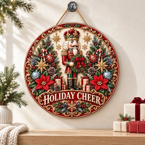 Sign Vintage Nutcracker Holiday Cheer Wooden Wall Decor Christmas Door Hanger