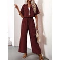 thumbnail image 4 of Women'S Casual 2 Piece Set V-Neck Short-Sleeved Tops Straight Wide Leg Pants Outfit Deep Red M, 4 of 9