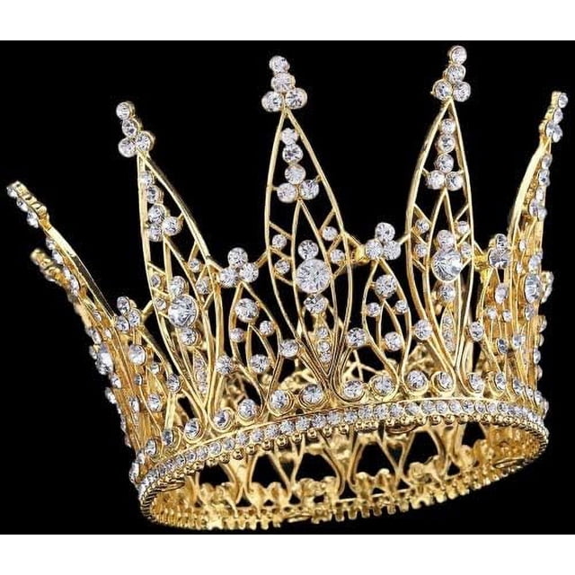 HAHDAXIA 4" Height Luxury Full Crown Clear Rhinestone Crystal Silver/Gold Plated Tiara Pageant Bridal Prom Wedding Crown (Gold-2)