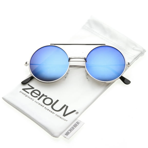 zeroUV Unisex Mid Size Flip-Up Colored Mirror Lens Round Django Sunglasses 49mm (Silver / Blue Mirror) - 49mm