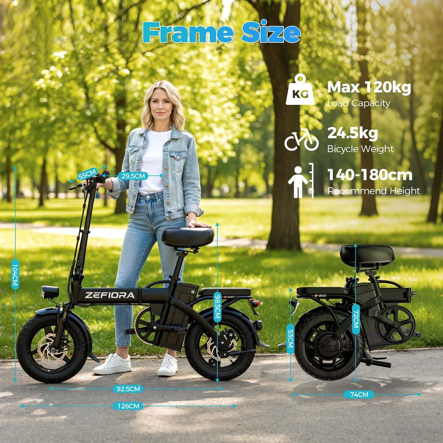 ZEFIORA Folding Electric Bike, 48V 10 Ah Removable Battery, 14" Dual-Seat Mini Electric Bike for Adult City Commuting, UL2849 Certified