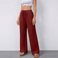 thumbnail image 4 of Womens Palazzo Pants Casual Drawstring Flowy Pants Wide Leg Summer Beach Linen Trousers with Pockets Wine S, 4 of 5