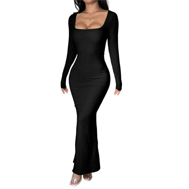 Vestido Informal de Larga para Mujer, con Escote Cuadrado, Suave, Ajustado, para y Otoño. Negro XL