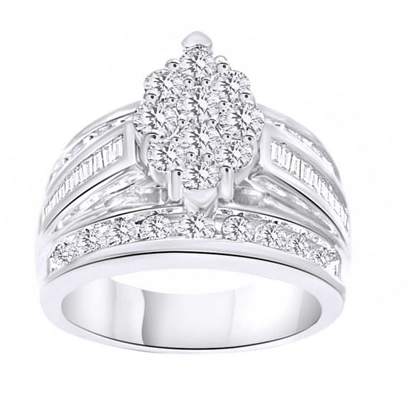 AFFY Round & Baguette White Natural Diamond Marquise Frame Engagement Ring In 10k White Gold (1.52 cttw) Ring Size-4