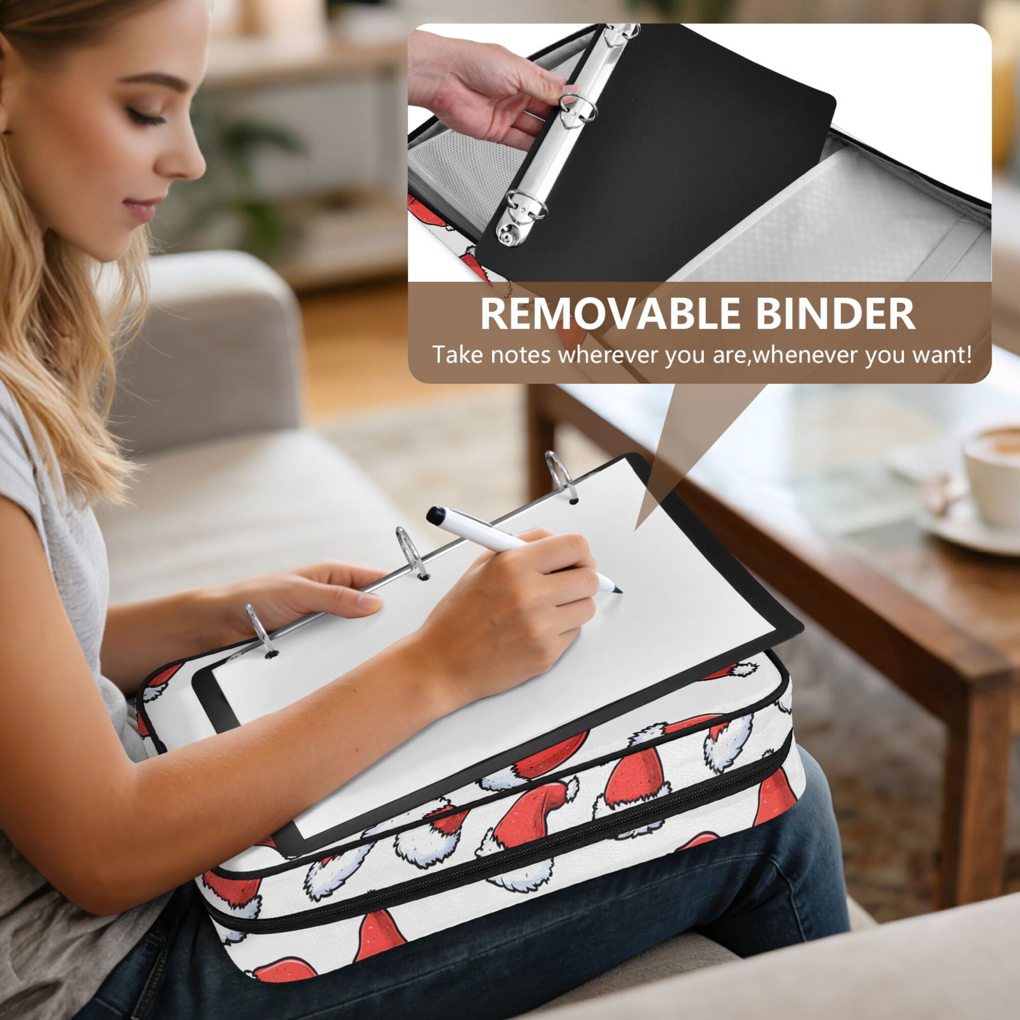 FORMRS Accordion File Folder A4 Size 7-Pocket Expanding Document Organizer Bag with 3 Ring Binder, Santa Hats Pattern