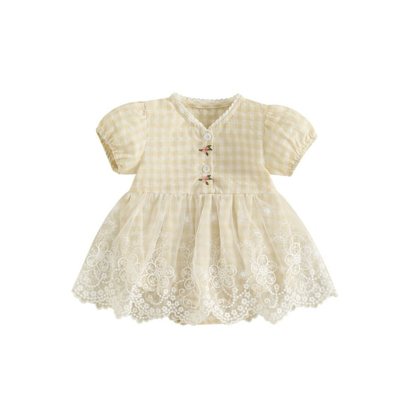 Baby Toddler Girls Summer Romper Dress 3 6 9 12 18 Months Plaid Print Short Puff Sleeves Lace Tulle Jumpsuit