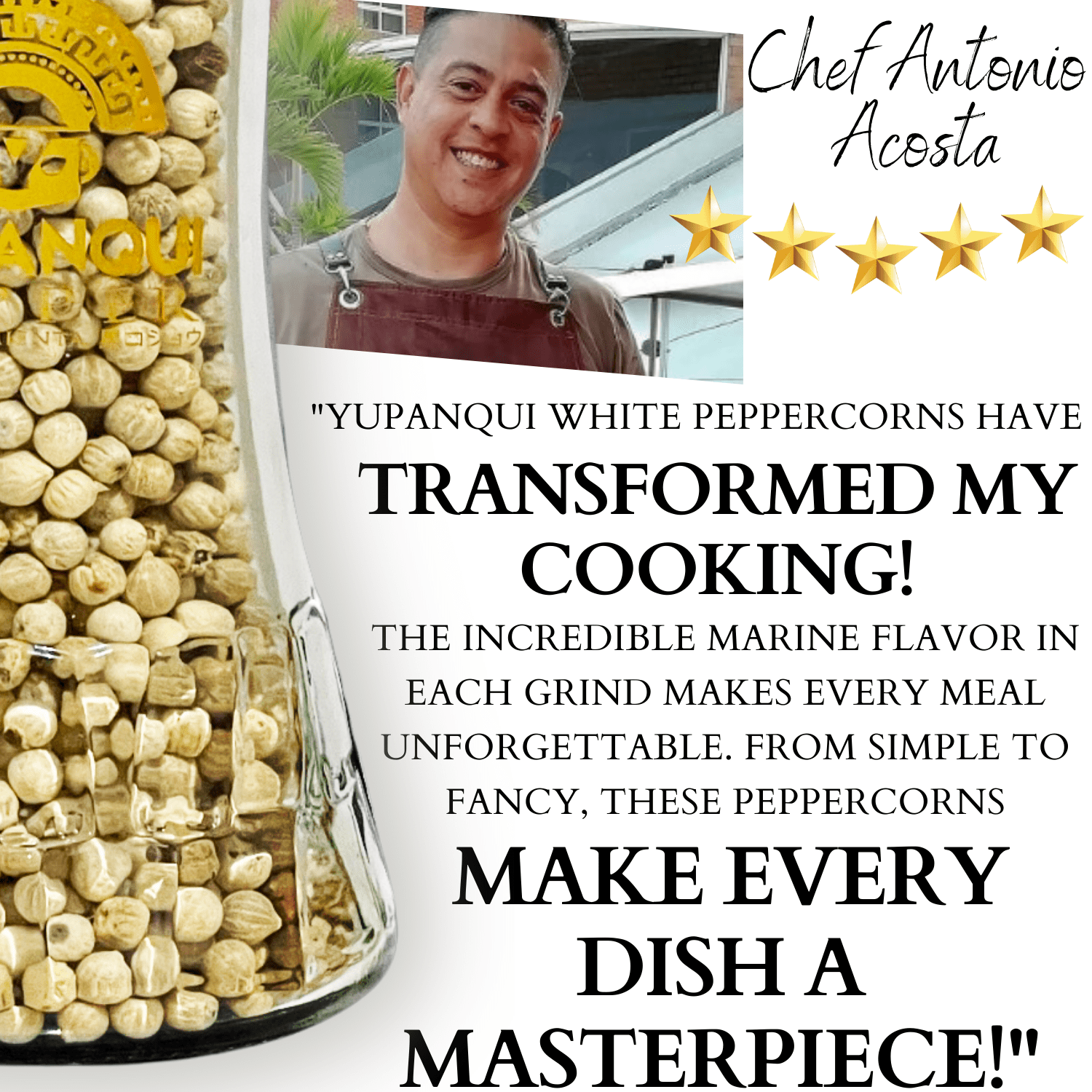 Yupanqui White Pepper Grinder 3oz Gourmet Flavor Vegan White Peppercorns for MEDITERRANEAN CUISINE