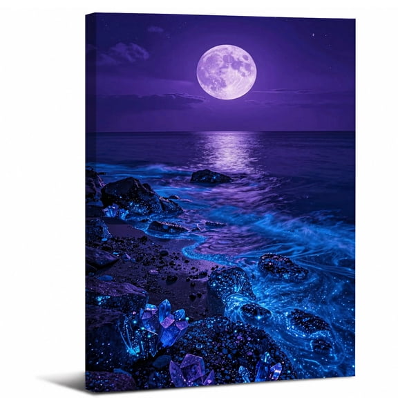 Full Moon Ocean Canvas Wall Art Framed,Glowing Blue Waves and Crystal Shore Landscape canvas print for bathroom or living room decor,8x12in