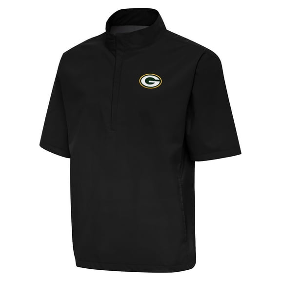 Men's Antigua Black Green Bay Packers Brisk Short Sleeve Quarter-Zip Windshirt