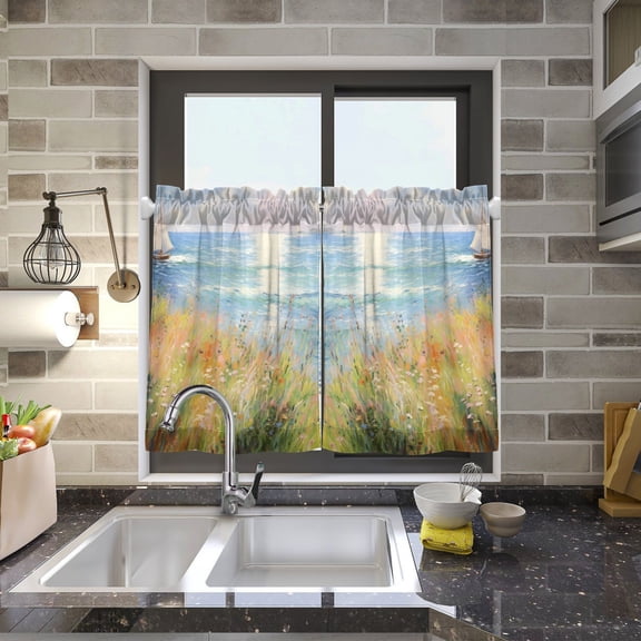 Painting Sea Ship Leaves Kitchen Curtains Half Tier Curtain 2 Rod Pockets Bathroom Bedroom Cupborad Living Room 27"x24"