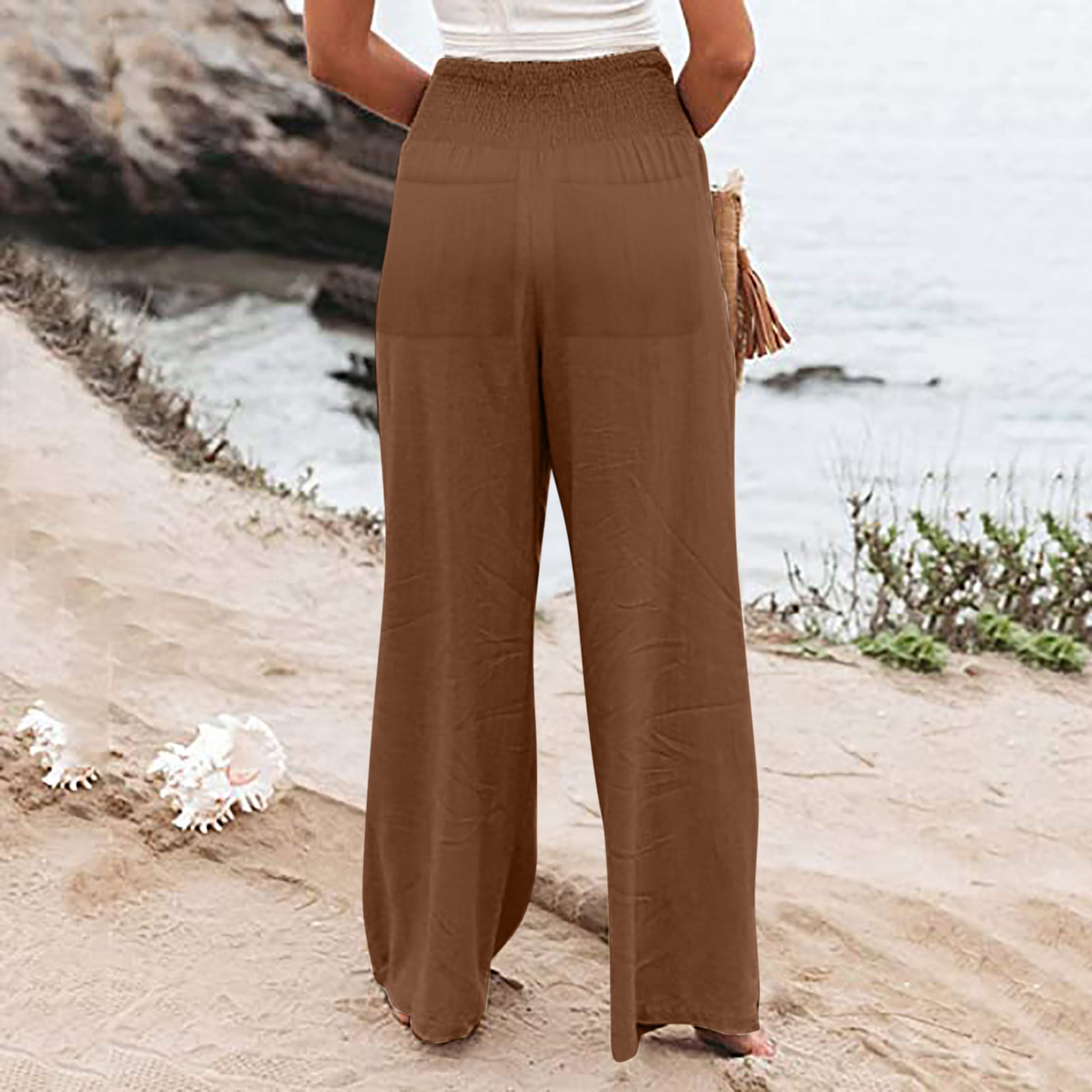SELONE Linen Pants for Women Petite Drawstring With Pockets Plus Size Baggy  Elastic Waist Casual Long Pant Fashion Solid Loose Pants for Everyday Wear  Running Work Casual Event Khaki M 