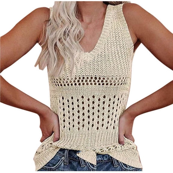 Jerdar Womens Summer Crochet Tank Tops Sleeveless Scoop Neck Loose Knit Sweater Vest Boho Hollow Out Beach Cover Ups M