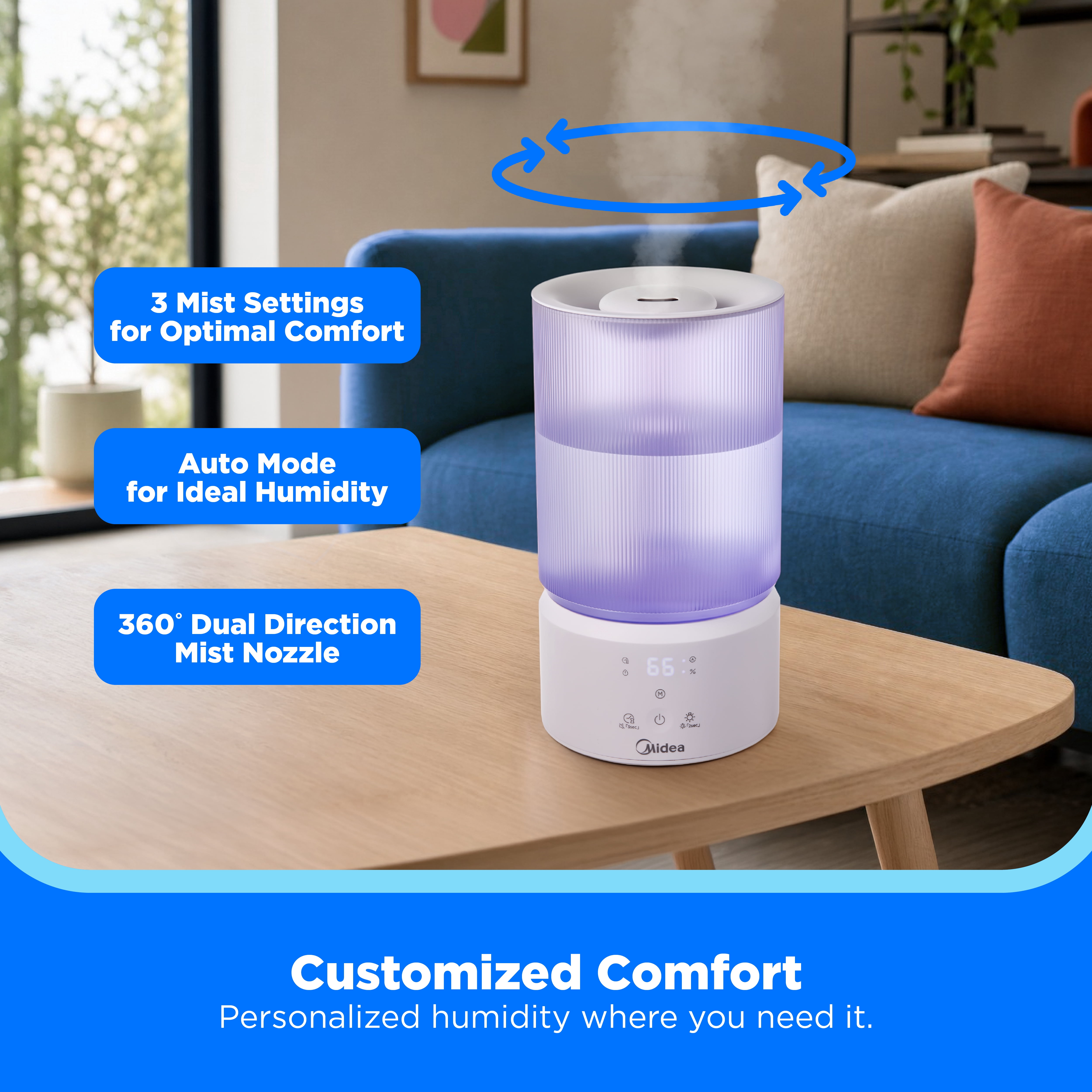 Midea 1 Gallon Ultra Sonic Cool Mist Humidifier with Whisper-Quiet operation, MSU16UC1DW