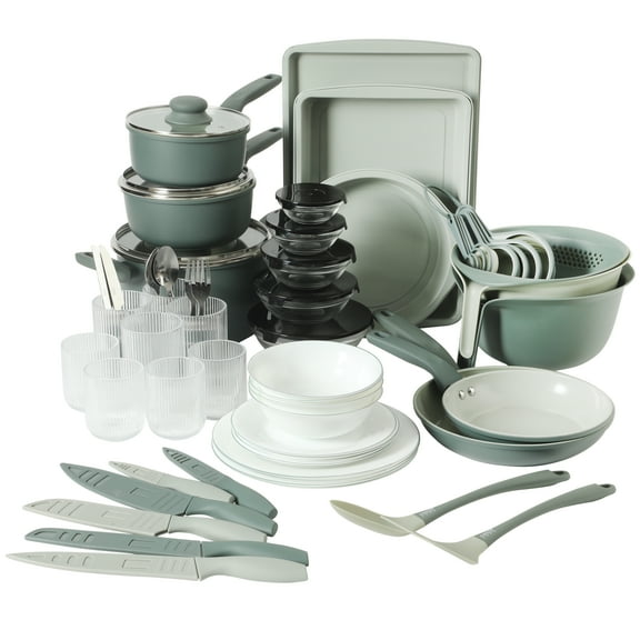 Gibson Home Barnsdall 78-Piece Non-Stick Aluminum Cookware Set, Pots and Pans with Bakeware & Utensils, Green