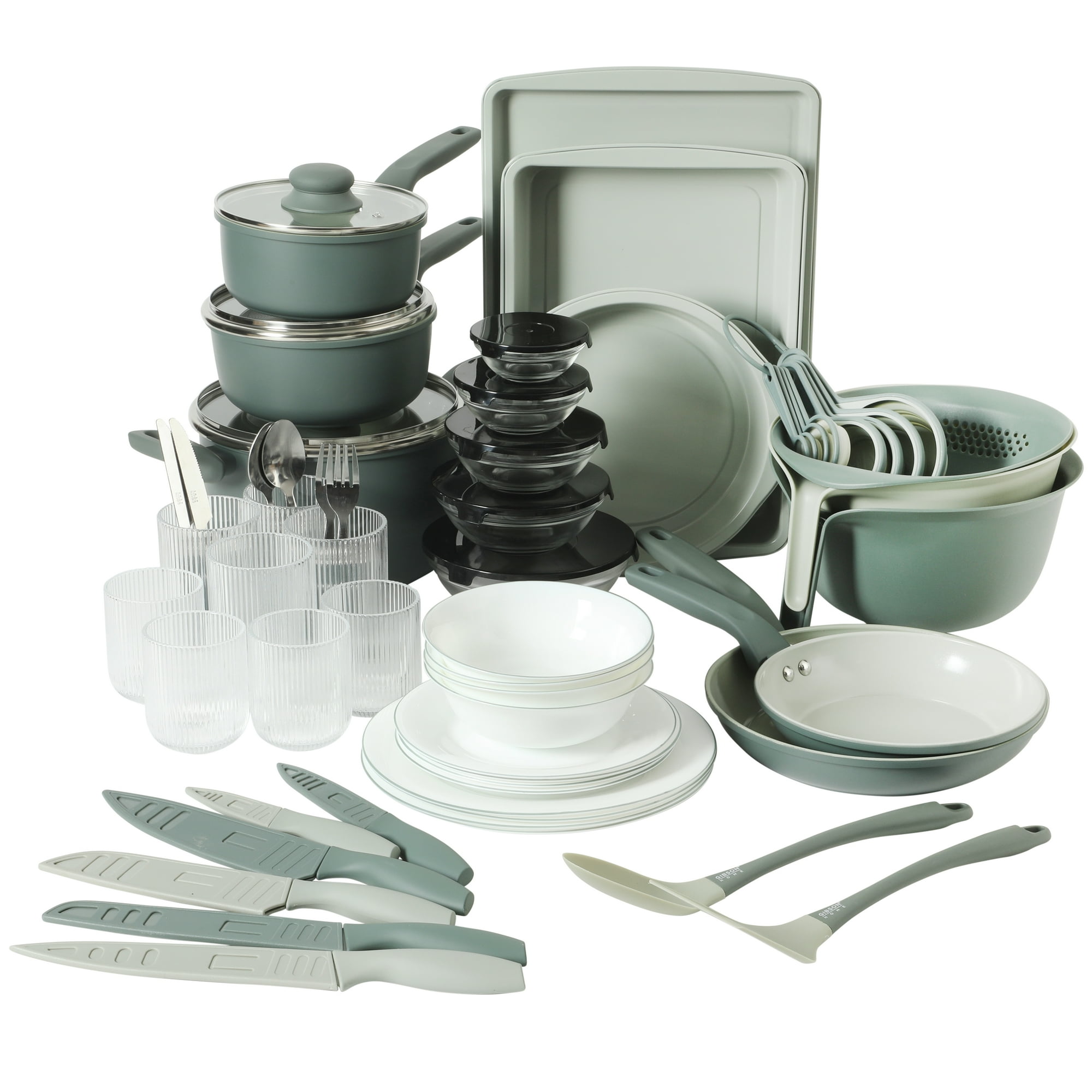Gibson Home Barnsdall 78-Piece Non-Stick Aluminum Cookware Set, Pots and Pans with Bakeware & Utensils, Green