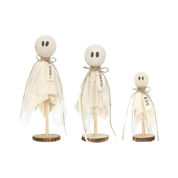 LAMIRO Halloween Decorations Indoor - Halloween Decor,3 Pcs Primitive Ghosts on Wooden Stand for Table Centerpieces,Rustic with Fabric Figures,Fall Home Tiered Trays,Mantels,And Indoor Displays