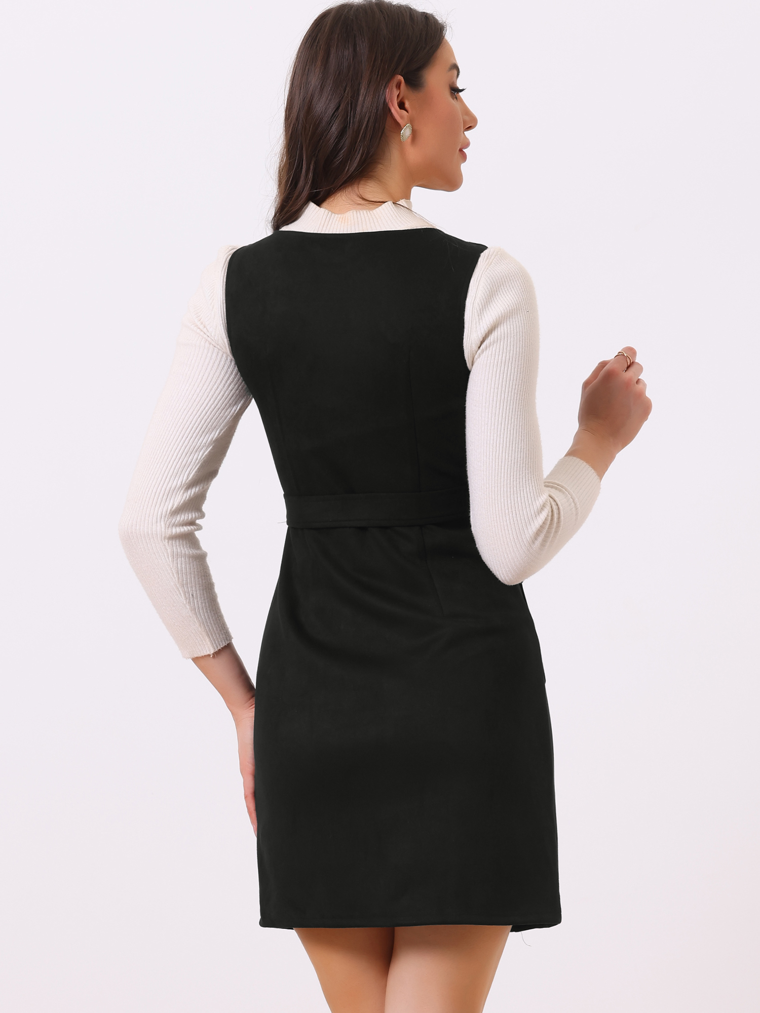 DARING DIVA Women's Faux Suede Round Neck Sleeveless Belted Pinafore Dress S Black