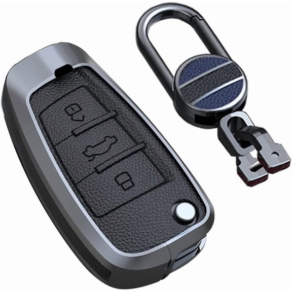Keyless Brown Flip Key Fob Cover for Audi Q3 Q7 A3 A1 TT R8 Metal Leather Key Case Shell with Keychain,Black