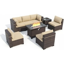 Gotland Outdoor Patio Furniture Set 8 Pieces Rattan Wicker Sectional Sofa with 43.3" Gas Fire Pit Table,Sand