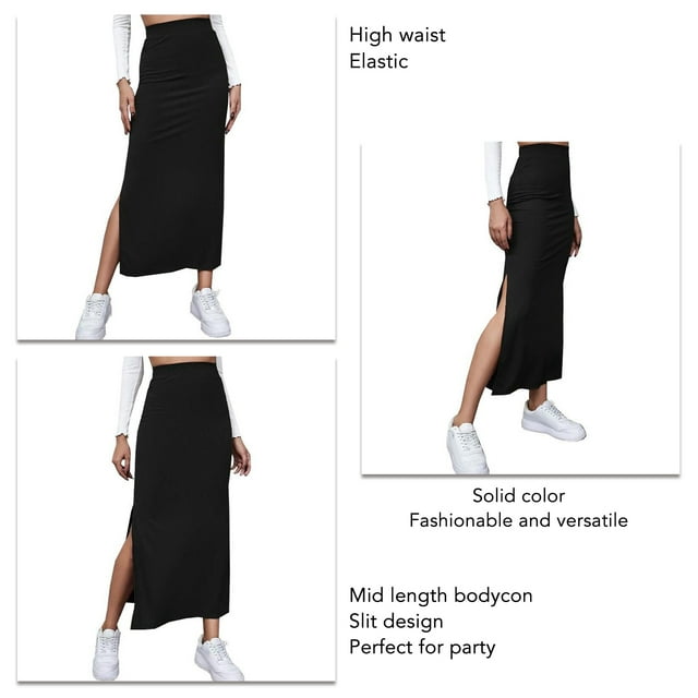 Slit Long Skirt, Bodycon Long Skirt Solid Color Elastic Easy Matching For Vacation Green,Red,Brownness,Brown,Black