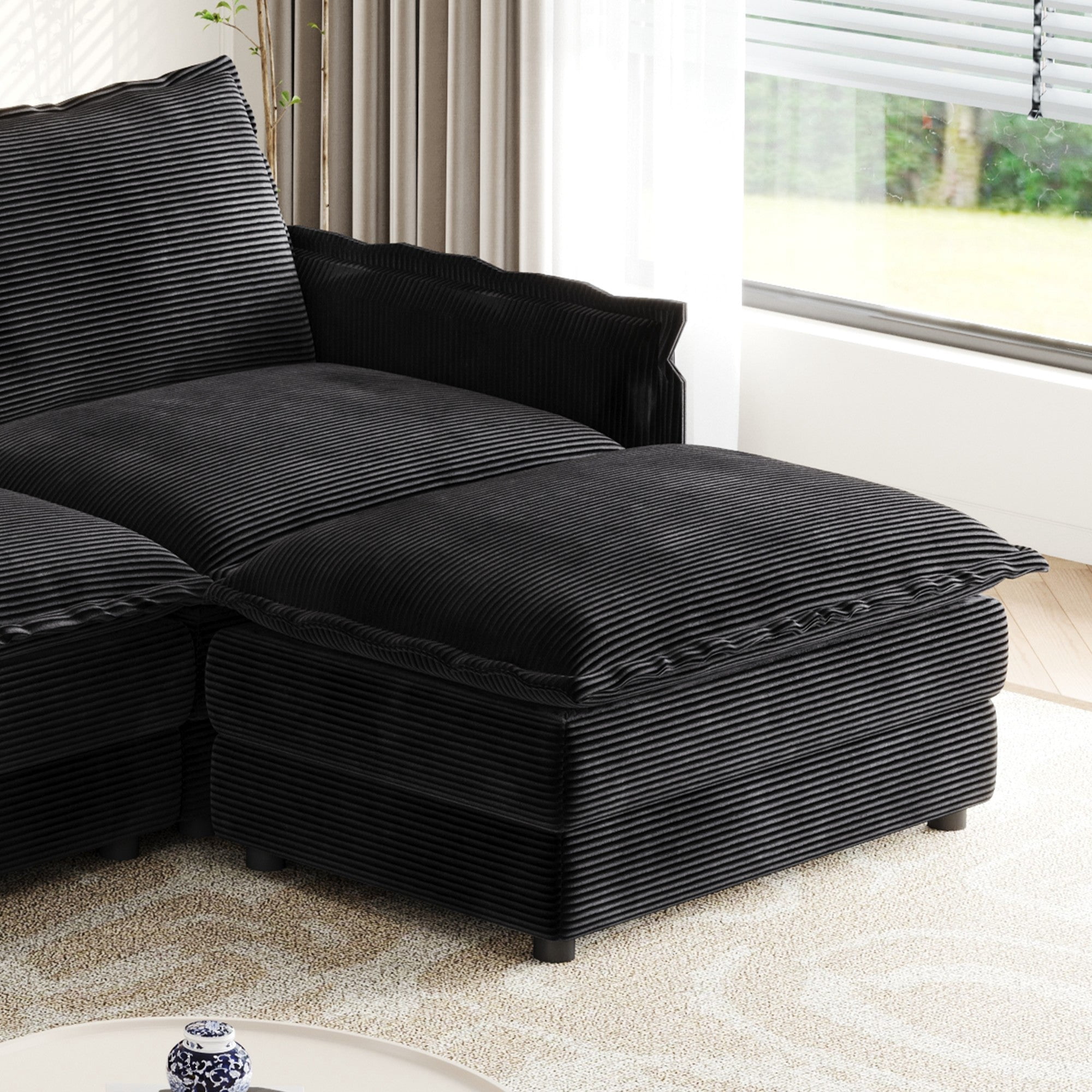 Sailvan 3-Seater Corduroy Sofa with 3 Ottomans, Oversized Deep Seat Cloud Couch for Living Room Black