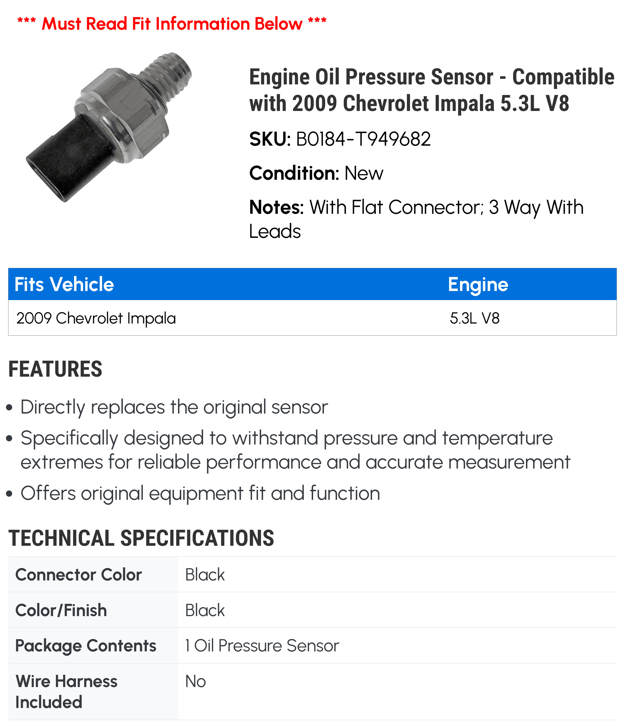 Engine Oil Pressure Sensor - Compatible with 2009 Chevrolet Impala 5.3L V8 - Dorman