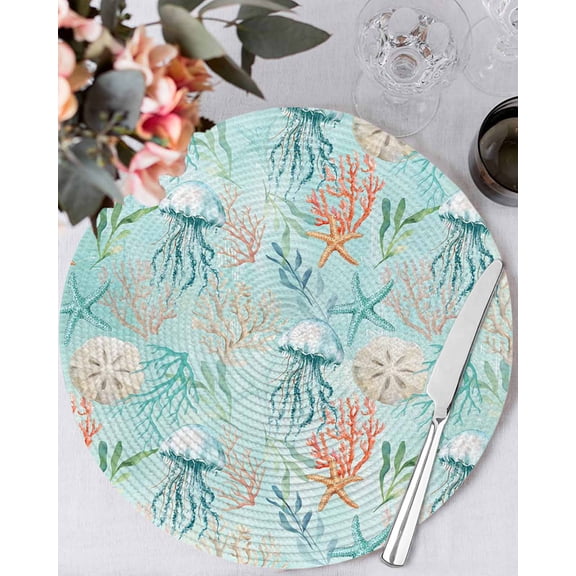 13 Inch Round Placemats Set of 6, Teal Red Coastal Jellyfish Non Slip Heat Insulation PP Table Mats, Summer Nautical Beach Coral Starfish Washable Place Mats for Kitchen Dining Party Table Decor