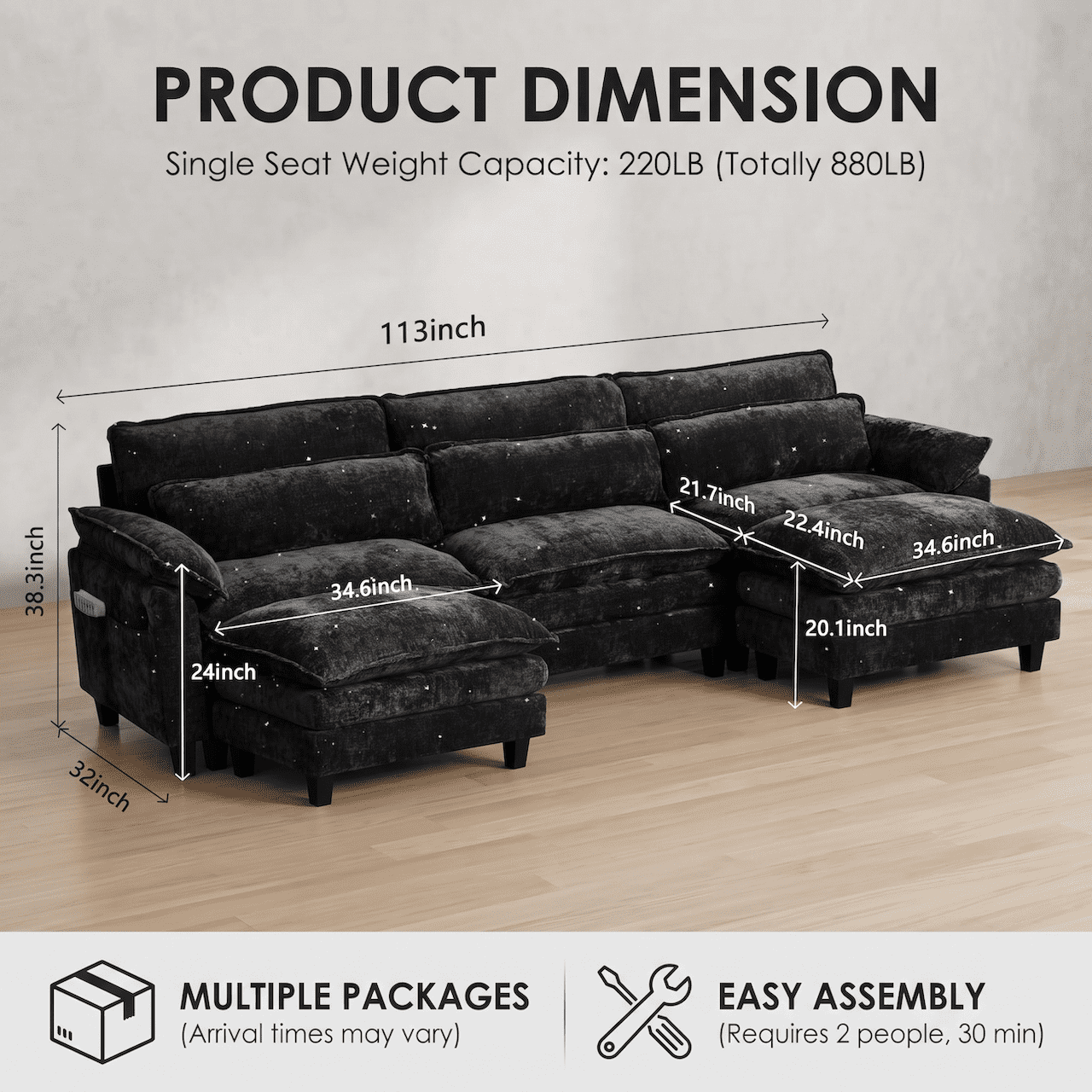 113" Convertible Cloud Sectional Sofa, Modern Chenille L Shaped Couch with Reversible Chaise, Deep Seat 5 Seat Sectional Sofa with Pillows, Comfy Upholstered Couch for Living Room Apartment (Black)