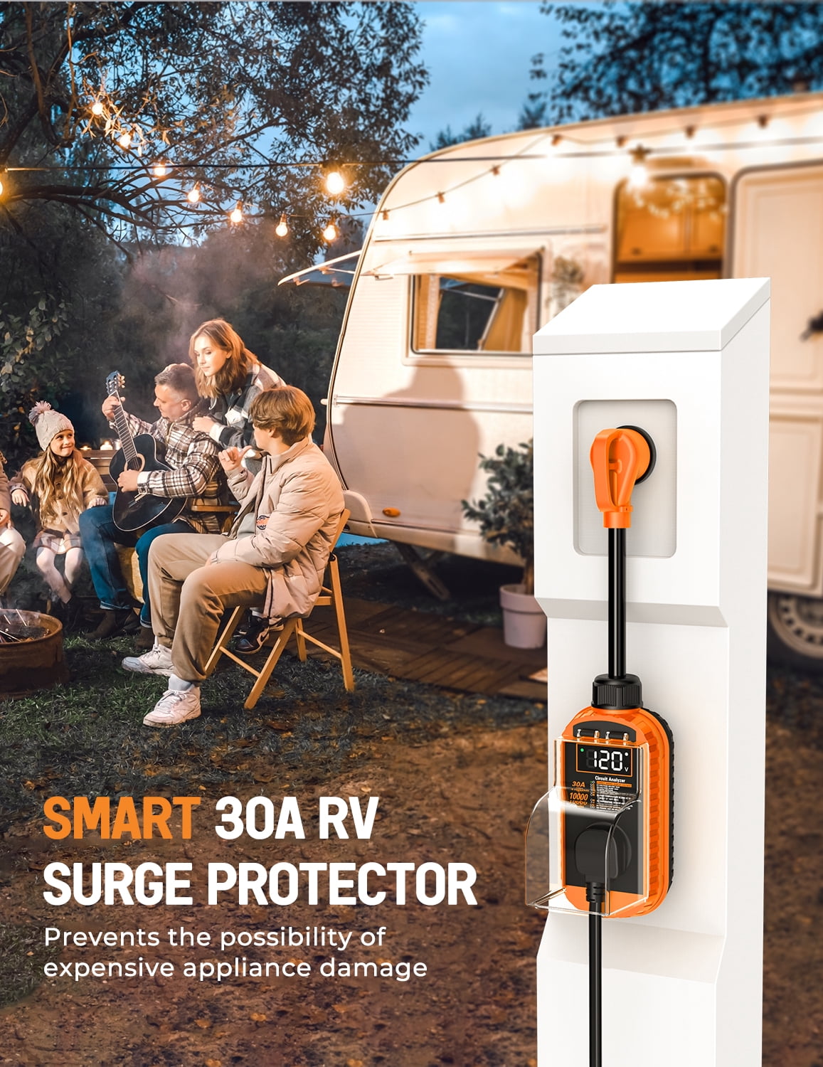 RV Surge Protector 30 Amp, 10,000J Smart 30 Amp RV Surge Protector with Auto Shutoff & Reset, RV Circuit Analyzer with LED Display, Voltage & Temperature Protection, IP67 Waterproof - Orange