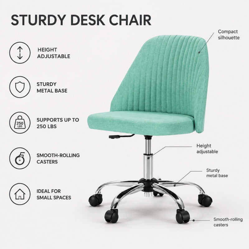 BEAUTYPEAK Armless Vanity Chair Adjustable Swivel Fabric Desk Chair with Padded Seat Wheels Mid-Back Office Chair, Mint