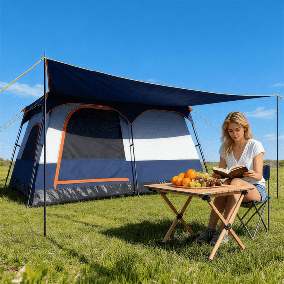 Airfind 6-8 Person Large Family Camping Tent with Porch, 2 Rooms & 2 Doors, Waterproof Cabin Tent with Skylight & Rainfly, Navy