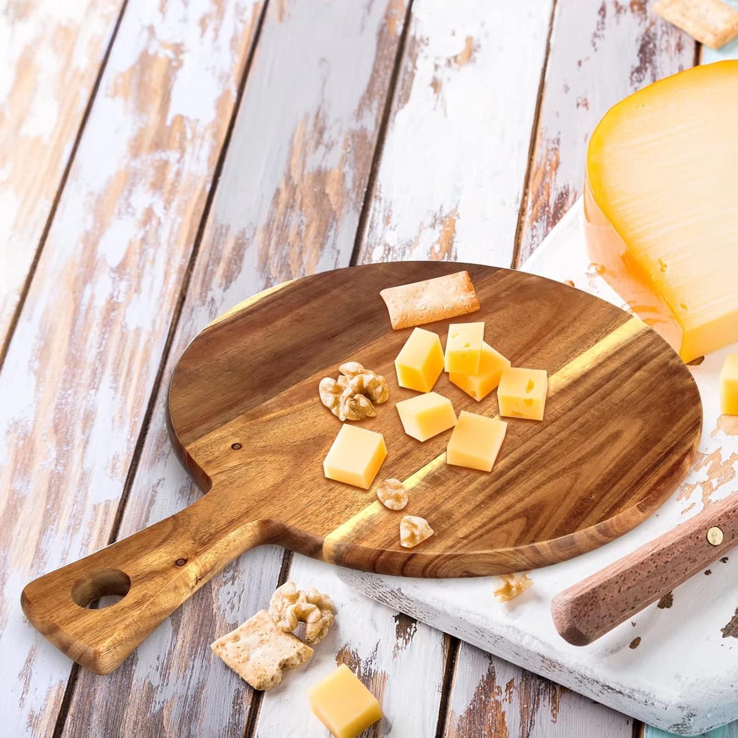 Wood Cutting Board with Handle Wooden Chopping Board Paddle Round Cutting Boards for Kitchen Meat Bread Serving Board Charcuterie Boards Chopping Blocks Circular Circle Pizza Cheese Board