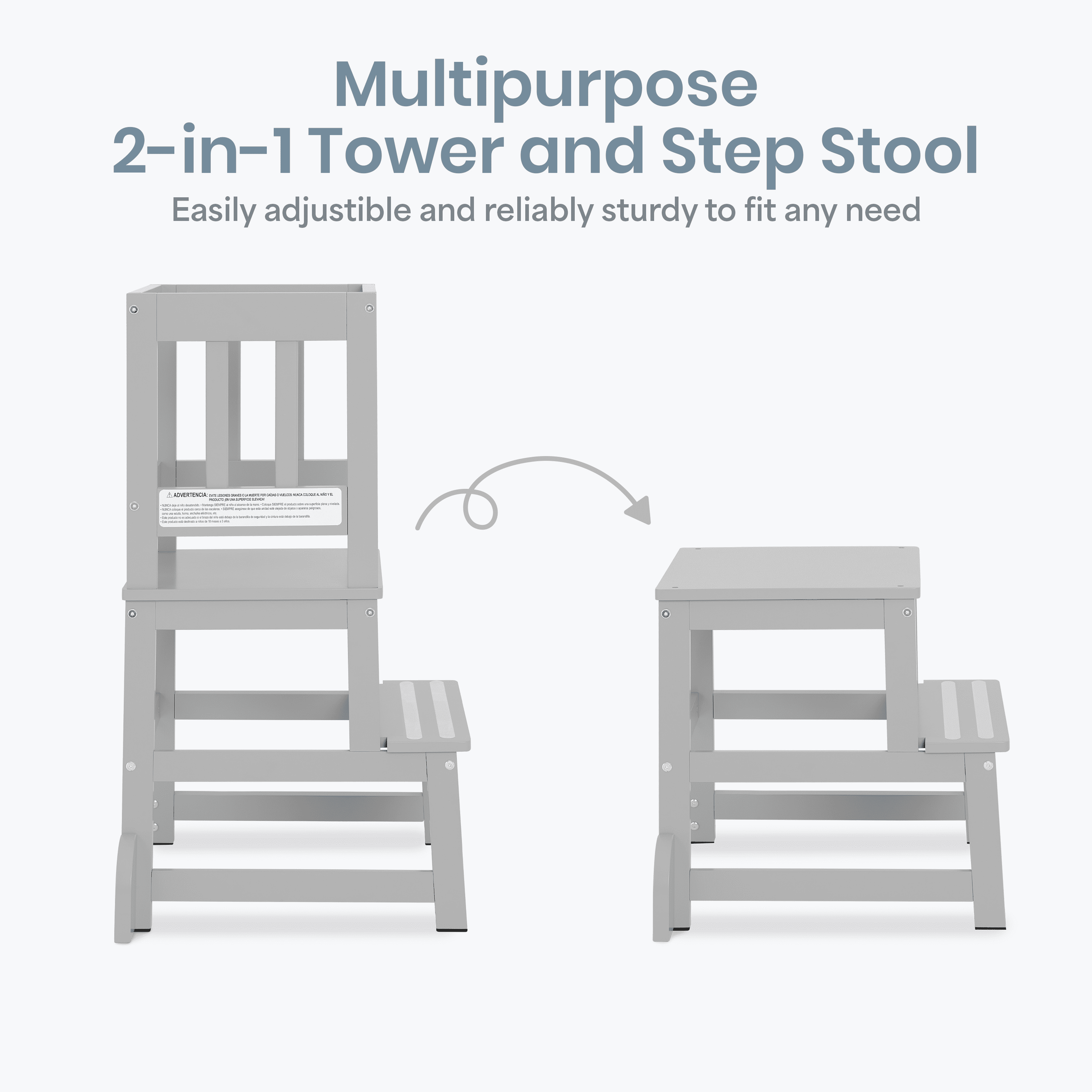 Dream On Me 2-in-1 Funtastic Tower and Step Stool, Easy to Assemble, Cool Grey