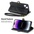 thumbnail image 5 of SaniMore for iPhone 14 Plus (6.7" 2022) Case, PU Leather Embossed Lines with Wrist Strap Zipper Cash Pocket Card Slots Magnetic Flip Stand Full Protective TPU Shell Anti-drop Business Design, Black, 5 of 10